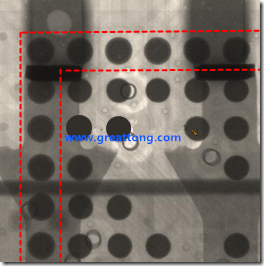 BGA錫球尺寸小于0.4mm，采用降低BGA內(nèi)圍襲球的錫膏量所得到X-Ray，稍微留意一下可以發(fā)現(xiàn)最外圈的錫量(圓的直徑)比其他內(nèi)圍的錫球上的錫量來(lái)得多一點(diǎn)點(diǎn)。也就是外圈的黑色圓形直徑比內(nèi)圈的圓形來(lái)得大一點(diǎn)點(diǎn)。