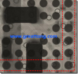 BGA錫球尺寸小于0.4mm，采用降低BGA內(nèi)圍襲球的錫膏量所得到X-Ray，稍微留意一下可以發(fā)現(xiàn)最外圈的錫量(圓的直徑)比其他內(nèi)圍的錫球上的錫量來(lái)得多一點(diǎn)點(diǎn)。也就是外圈的黑色圓形直徑比內(nèi)圈的圓形來(lái)得大一點(diǎn)點(diǎn)。