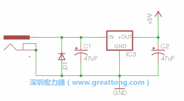 新增RBBB→Power_Jack，將它放在電壓調(diào)整器的輸入端旁邊。