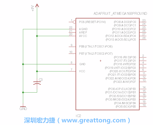 3.1.    新增微控制器晶片（RBBB → ATmega），把它放在電路原理圖的中央附近，把它的兩個接地接頭連接到接地訊號端。