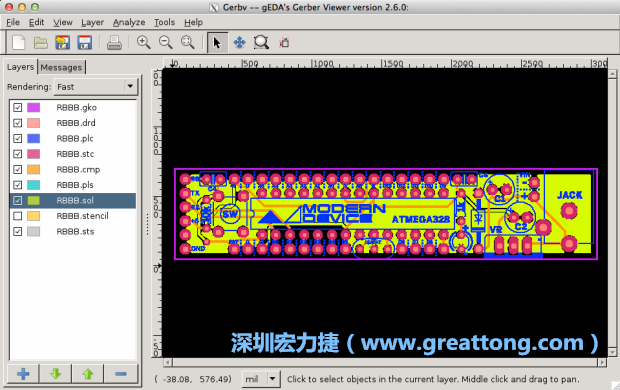 將圖層匯入你的Gerber預覽工具內（下圖為Gerbv），我通常會從上到下重新排列它們的順序，好讓我比較好校對：