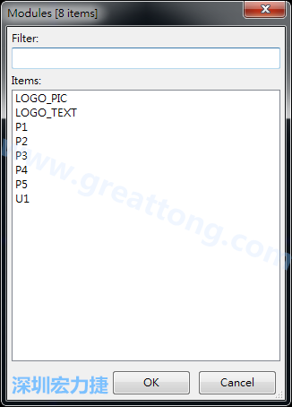從目前正在編輯的PCB載入Module， 會顯示有那些項(xiàng)目可載入。點(diǎn)選一個(gè)， OK后即完成載入