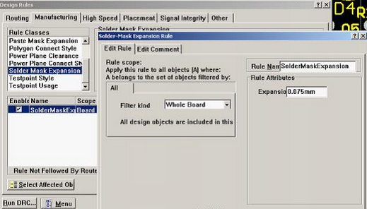 5. 而對于阻焊的調(diào)整則可以通過按D、R調(diào)出[Manufacturing]制作設(shè)計規(guī)則的[Solder-Mask Expansion Rule]設(shè)置項直接設(shè)定單邊放大值