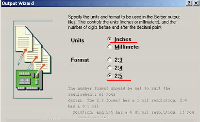 在上圖中選擇“Inches 2：5”，以確保資料精度，反之線寬、線距或孔有偏移現(xiàn)象