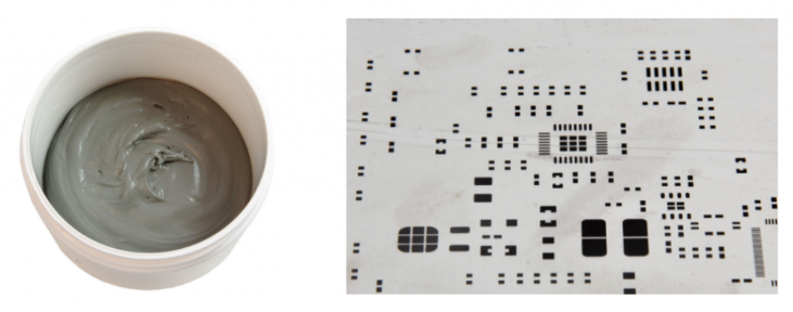 焊膏（左），PCB模板激光切割孔（右）